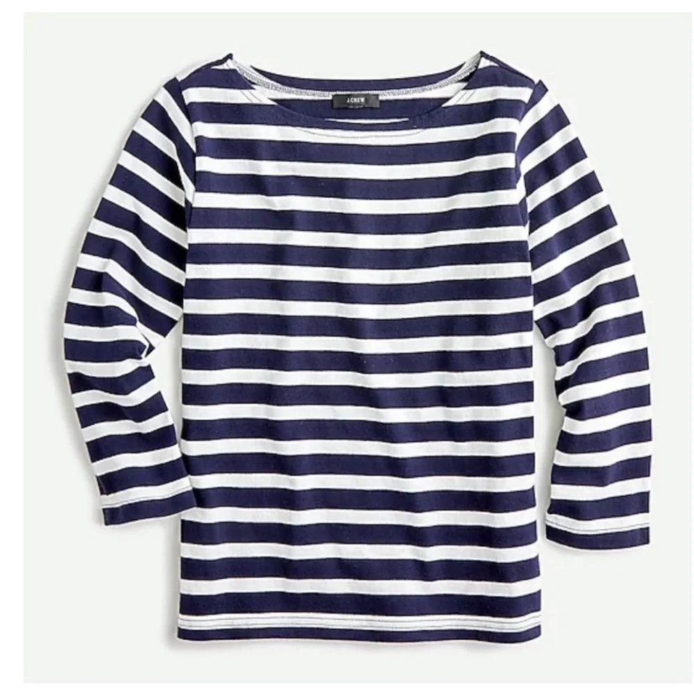 J Crew Navy and White Striped Mariner Fabric Boat Neck Top